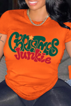 Oranje vintage print patchwork T-shirts met ronde hals