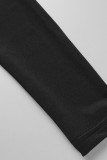 Negro sexy estampado vendaje patchwork cuello redondo manga larga dos piezas
