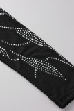 Svart Sexig Solid Patchwork Genomskinlig Asymmetrisk Hot Drill Spaghetti Strap Sling Dress Klänningar