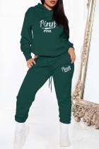 Ink Green Casual Letter Print Basic Hooded Collar Long Sleeve Two Pieces