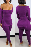 Violet Sexy Solide Patchwork Fente Col Carré Manches Longues Deux Pièces Violet