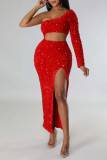 Rouge Sexy solide évidé paillettes Patchwork fente Oblique col robe longue robes