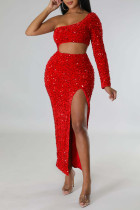 Красное сексуальное однотонное длинное платье с блестками и лоскутным разрезом с косым воротником