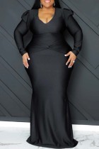 Vestidos preto sexy formal sólido patchwork manga longa com decote em V vestidos plus size