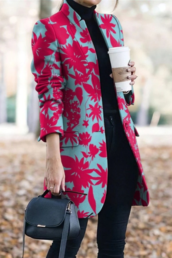 Prendas de abrigo con cuello vuelto de rebeca con estampado casual de color rojo rosa