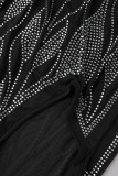 黒のセクシーな無地パッチワーク シースルー非対称ホット ドリル スパゲッティ ストラップ スリング ドレス ドレス