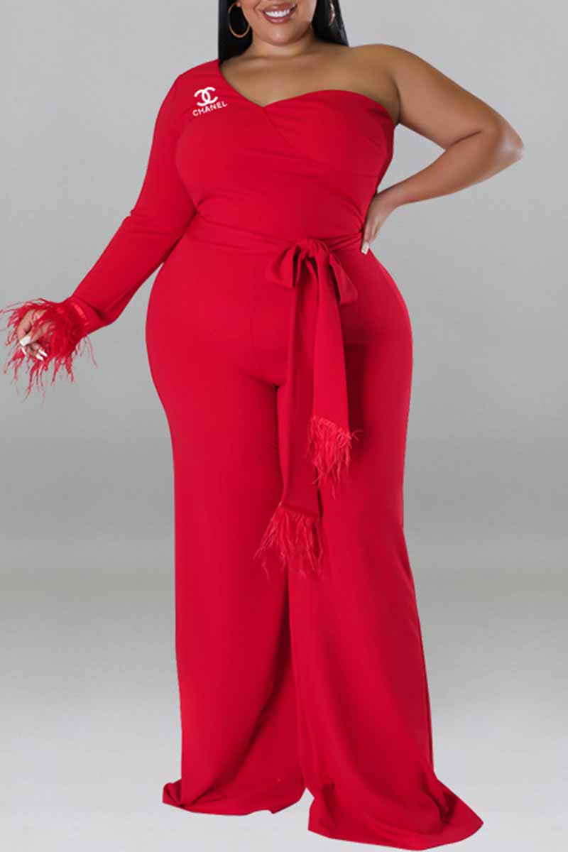 

Red Street Print Letter One Shoulder Plus Size Jumpsuits