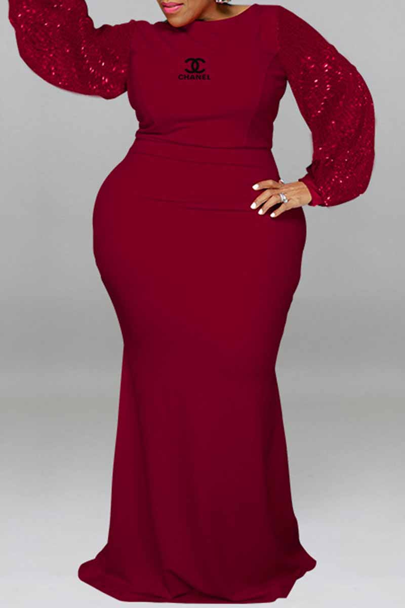 

Deep Red Elegant Print Patchwork Letter O Neck One Step Skirt Plus Size Dresses