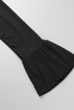 Черные повседневные однотонные платья-русалки с оборками и водолазкой