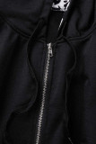 Черный повседневный принт Пэчворк Молния Воротник с капюшоном Верхняя одежда