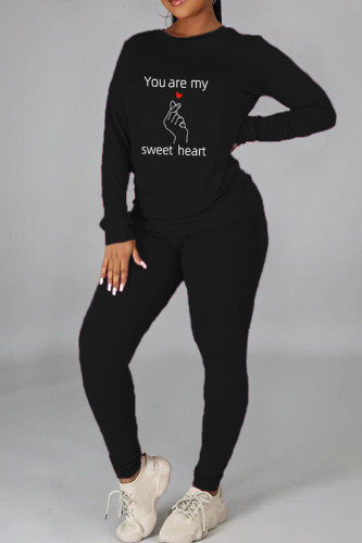 Black Casual Print Patchwork O Neck Long Sleeve Two Pieces