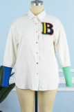 White Casual Letter Embroidery Patchwork Shirt Collar Plus Size Tops