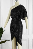 Schwarzes, sexy, lässiges Patchwork-Pailletten-Reißverschlusskragen, unregelmäßiges Kleid