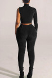 Black Sexy Solid Patchwork Half A Turtleneck Long Sleeve Two Pieces