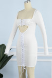 Witte sexy effen uitgeholde jurken met frenulum vierkante kraag en lange mouwen