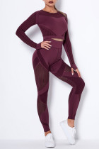 Burgundy Casual Sportswear Solid Patchwork O Neck Long Sleeve Two Pieces