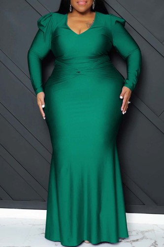 Green Sexy Formal Solid Patchwork V Neck Long Sleeve Plus Size Dresses