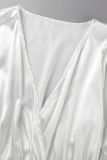 ホワイト カジュアル エレガント ソリッド バンデージ パッチワーク フォールド V ネック ストレート ドレス