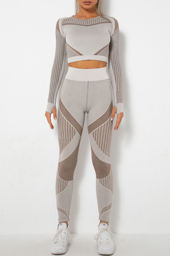 Brown Casual Sportswear Solid Patchwork O Neck Long Sleeve Two Pieces