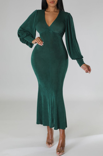 Green Casual Solid Patchwork V Neck Long Sleeve Dresses