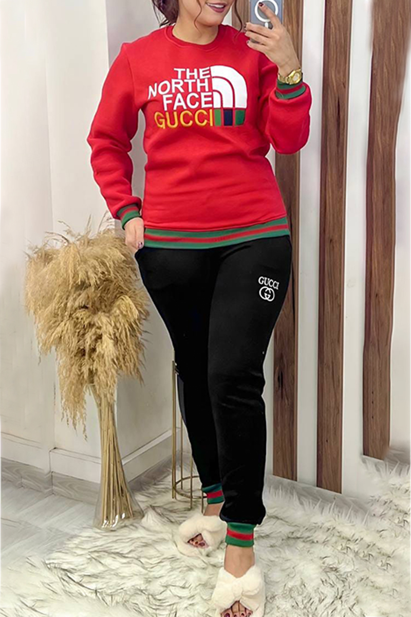 

Red Casual Letter Embroidered O Neck Long Sleeve Two Pieces