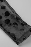 Schwarz Sexy Print Polka Dot Patchwork Buckle Durchsichtige A-Linie Kleider mit O-Ausschnitt