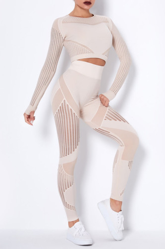 Khaki Casual Sportswear Solid Patchwork O Neck Long Sleeve Two Pieces