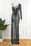 Albaricoque sexy sólido patchwork transparente asimétrico taladro caliente correa de espagueti Sling vestido vestidos