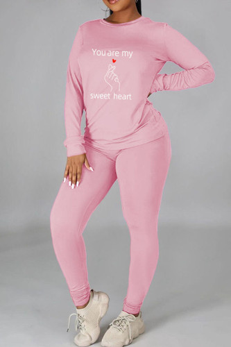 Pink Casual Print Patchwork O Neck Long Sleeve Two Pieces