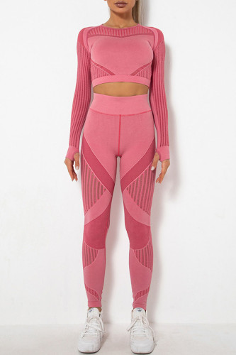 Watermelon Red Casual Sportswear Solid Patchwork O Neck Long Sleeve Two Pieces