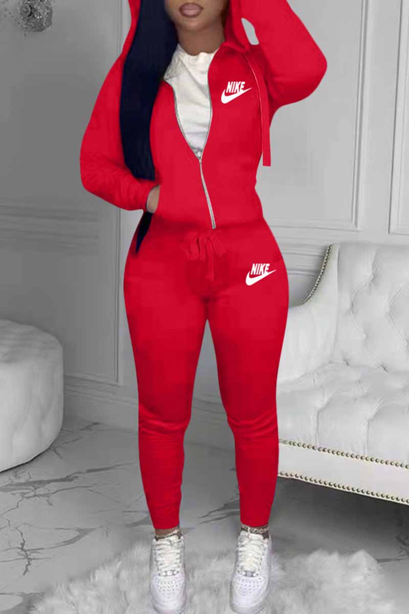 

Red Casual Print Letter Hooded Collar Long Sleeve Two Pieces