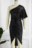 Schwarzes, sexy, lässiges Patchwork-Pailletten-Reißverschlusskragen, unregelmäßiges Kleid