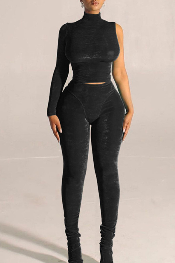 Black Sexy Solid Patchwork Half A Turtleneck Long Sleeve Two Pieces