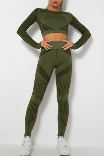 Army Green Casual Sportswear Solid Patchwork O Neck Long Sleeve Two Pieces