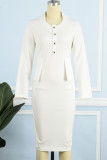 Белые повседневные однотонные платья с длинным рукавом в стиле пэчворк с круглым вырезом