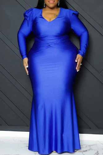 Blue Sexy Formal Solid Patchwork V Neck Long Sleeve Plus Size Dresses