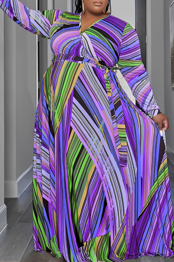 Пурпурные повседневные принты Пэчворк Пэчворк V-образный вырез Прямые платья больших размеров