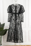 Black Sexy Print Polka Dot Patchwork Buckle See-through O Neck A Line Dresses