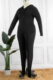 Black Fashion Sportswear Solid Patchwork Hooded Collar Plus Size Two Pieces