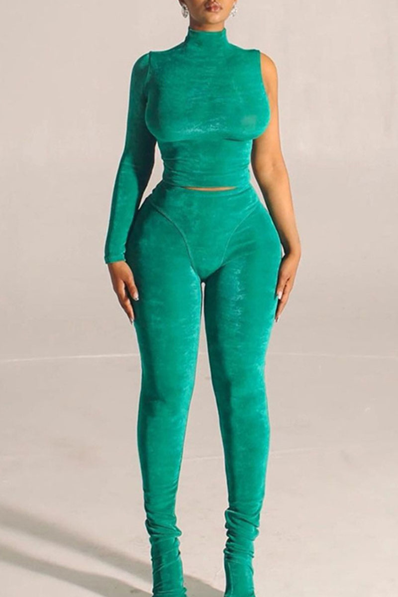 

Green Sexy Solid Patchwork Half A Turtleneck Long Sleeve Two Pieces