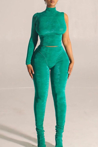 Green Sexy Solid Patchwork Half A Turtleneck Long Sleeve Two Pieces