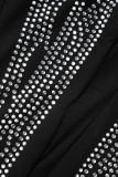 黒のセクシーな無地パッチワーク シースルー非対称ホット ドリル スパゲッティ ストラップ スリング ドレス ドレス
