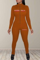 Orange Sportswear Print Bokstav Dragkedja Krage Jumpsuits