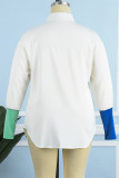 Blanco casual carta bordado patchwork camisa cuello más tamaño tops