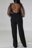 Zwarte sexy stevige patchwork doorzichtige vezelige zelfkant v-hals rechte jumpsuits