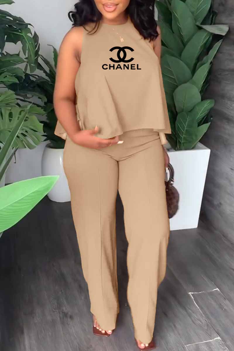 

Khaki Casual Print Letter O Neck Sleeveless Two Pieces