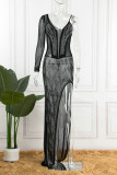 Черное сексуальное сплошное лоскутное прозрачное асимметричное платье на лямках с горячей дрелью Платья на лямках