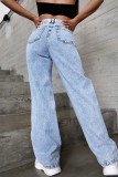Light Blue Casual Solid Ripped High Waist Straight Denim Jeans