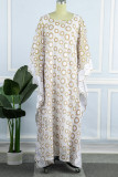 Vestido longo branco casual bordado patchwork com decote em bico plus size duas peças