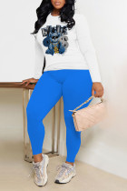 Blue White Casual Print Patchwork O Neck Long Sleeve Two Pieces